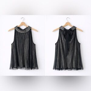 Express Metallic Pleated Halter Top Black Gold Sheer Party Blouse XL, EUC